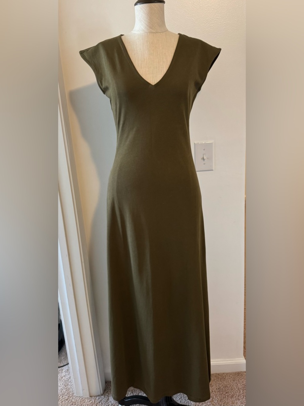 V-Neck Olive Green A-Line Maxi Dress